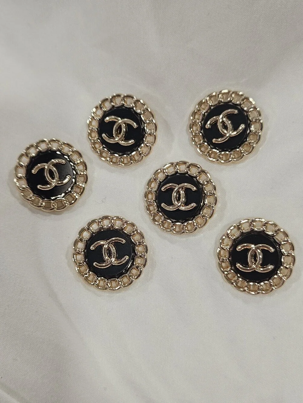 Chanel CC Logo Chain Border Buttons Set of 6 Black Gold Tone 22.8mm